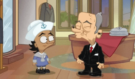 a cartoon of a man in a suit and a boy with an anchor hat