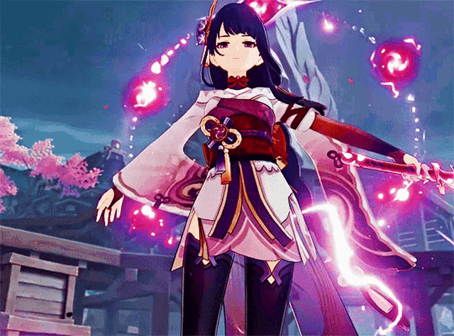 a girl in a kimono is holding a sword in front of a building
