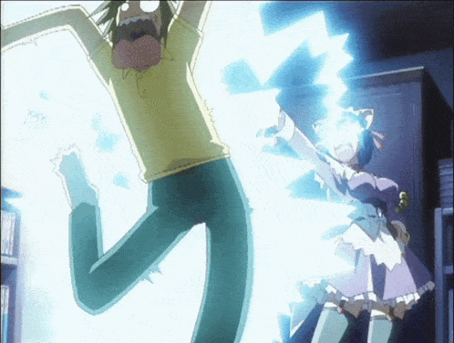 a man in a yellow shirt is jumping in the air in front of a girl