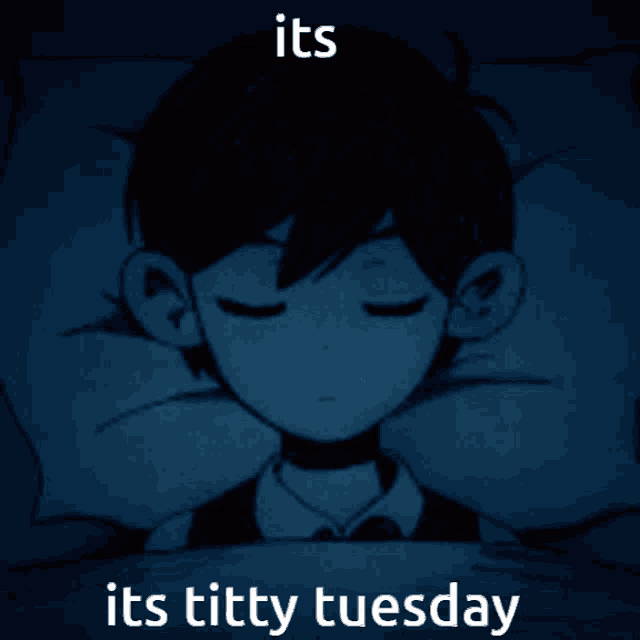 a drawing of a boy with the words " its tits tuesday " on the bottom
