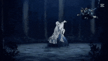 a man in a white cape is standing in a forest with a sword in his hand .