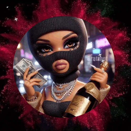 a woman wearing a ski mask is holding a bottle of champagne and a bunch of money .