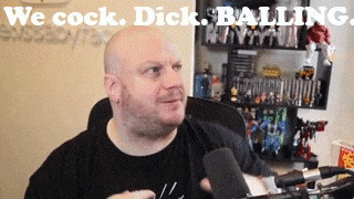 a bald man is talking into a microphone with the words we cock dick balling above him .