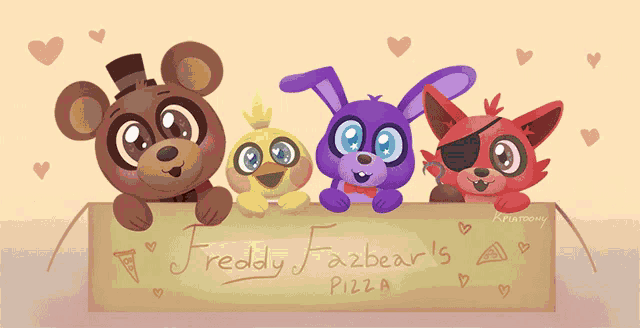 a drawing of freddy fazbear 's pizza with four characters