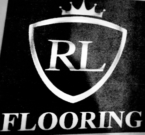 a black and white logo for rl flooring with a crown on it