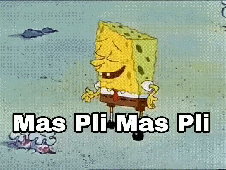 a cartoon of spongebob squarepants laughing with the words `` mas pli mas pli '' written on it .