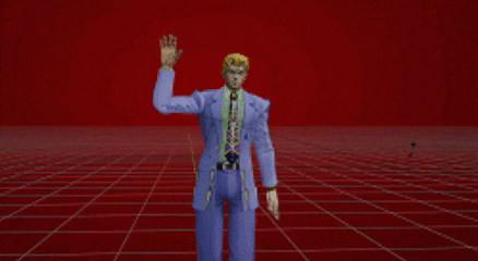 a man in a blue suit and tie is standing in front of a red background
