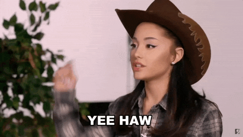 ariana grande is wearing a cowboy hat and a plaid shirt and says yee haw