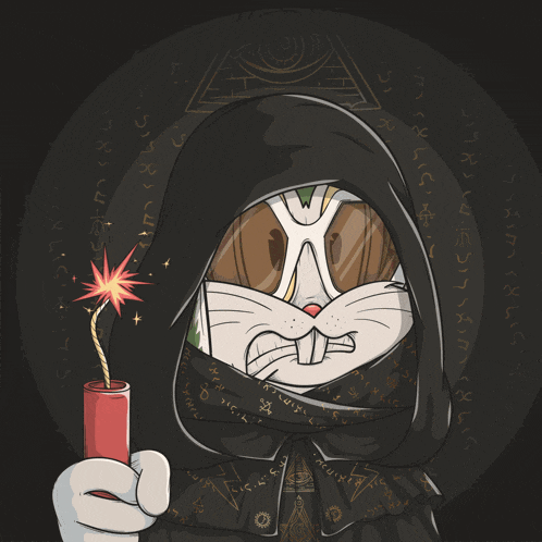 a cartoon of bugs bunny wearing a black robe holding a dynamite stick