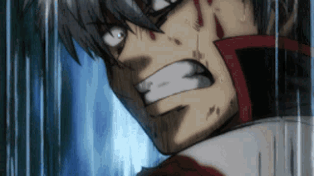 a close up of a anime character with blood on his face