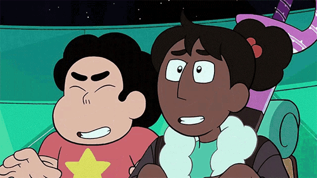 a couple of cartoon characters are sitting next to each other and one has a star on his shirt