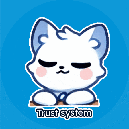a blue background with a white cat and the words trust system below it