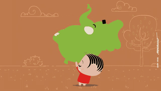 a cartoon drawing of a girl holding a green elephant