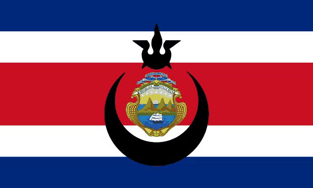 a red white and blue flag with a coat of arms and a crescent moon