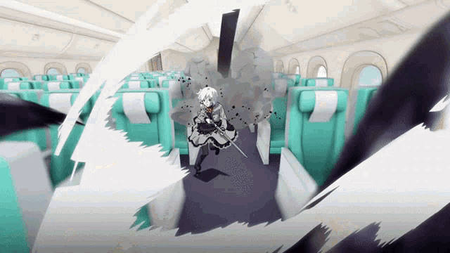 a girl with a sword in her hand is running through a plane