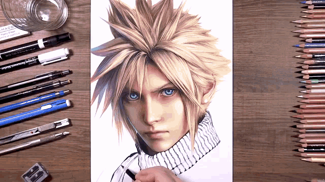 a drawing of cloud strife surrounded by colored pencils and pens