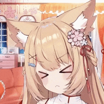 a cartoon girl with cat ears and flowers in her hair is making a funny face .