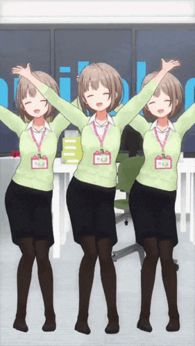 three anime girls are standing next to each other with their hands in the air