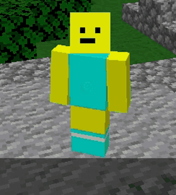 a yellow and blue minecraft character with a smiley face on his face