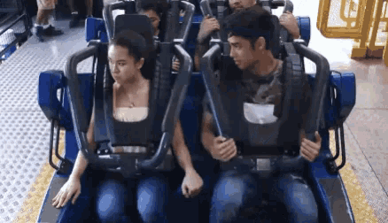 a group of people are riding a roller coaster together