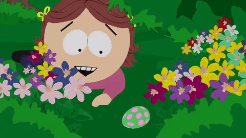 a cartoon of a girl peeking out from behind a bush of flowers