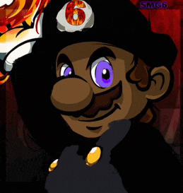 a cartoon character with purple eyes and a hat with a number 6 on it