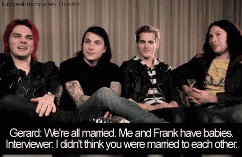 a group of four men sitting on a couch with a caption that says gerard we 're all married