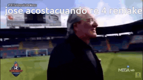 a man stands in front of a soccer field with the words jose acostacuando re 4 remake written on the bottom