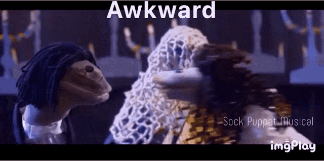 a couple of puppets are standing next to each other with the words awkward written on the bottom