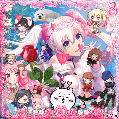 a picture of a girl with flowers on her head is surrounded by other anime characters