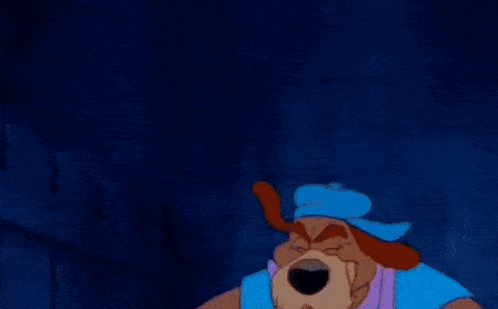 a cartoon dog wearing a blue hat and purple shirt is holding a cane