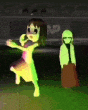a girl in a yellow dress is dancing next to a ghost