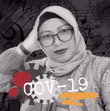 a woman wearing glasses and a hijab stands in front of a sign that says ' cov-19 '
