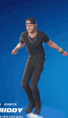 a man in a black shirt and black pants is standing in front of a blue background that says riddy