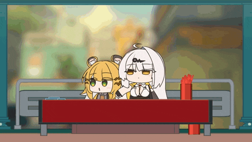 a cartoon of two girls sitting on a bench looking out a window