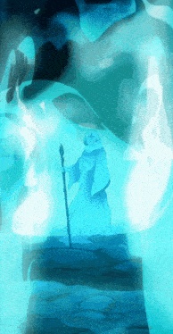 a painting of a man holding a cane in a cave