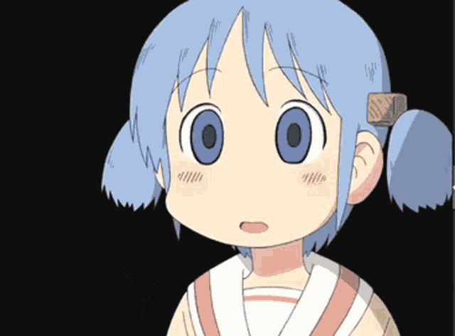 a close up of a cartoon character with blue hair