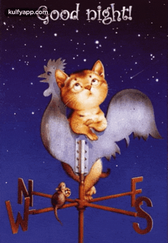 a picture of a cat sitting on a weather vane with the words good night written below it