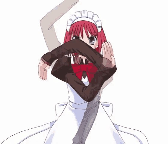 a girl with red hair and blue eyes is wearing a maid apron
