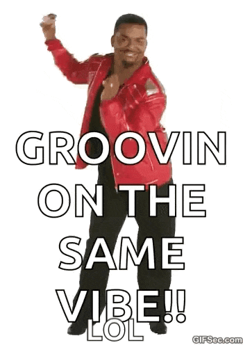 a man in a red jacket is dancing with the words `` groovin on the same vibe '' .
