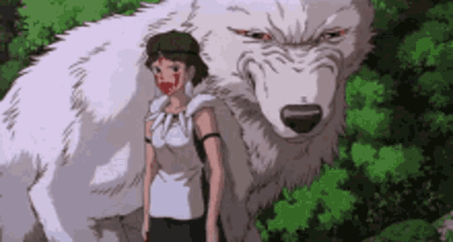 a girl with blood on her face is standing next to a large white wolf .