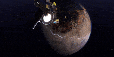 a space ship is flying over a planet with a blue light coming out of it