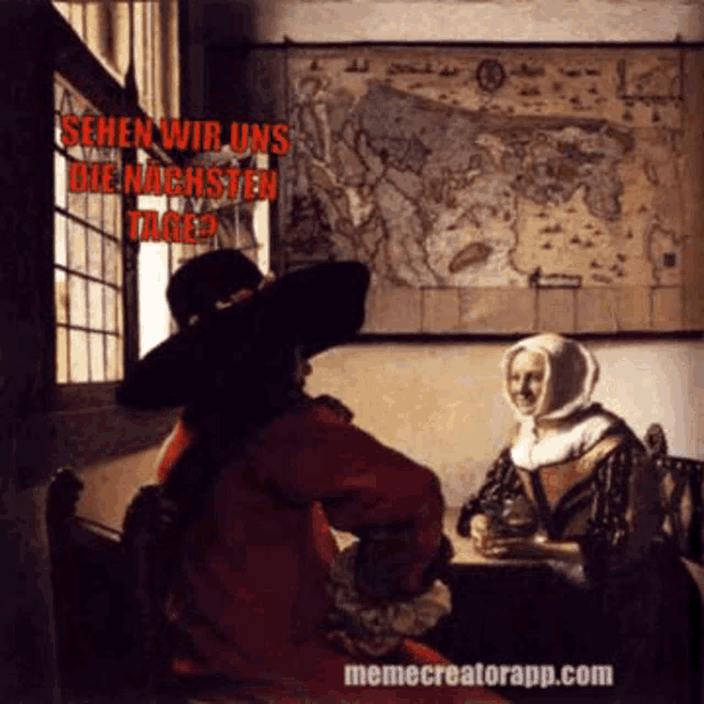 a painting of a man and woman sitting at a table with the words sehen wir uns die nachsten tage written above them
