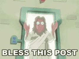 a cartoon of jesus with the words bless this post behind him