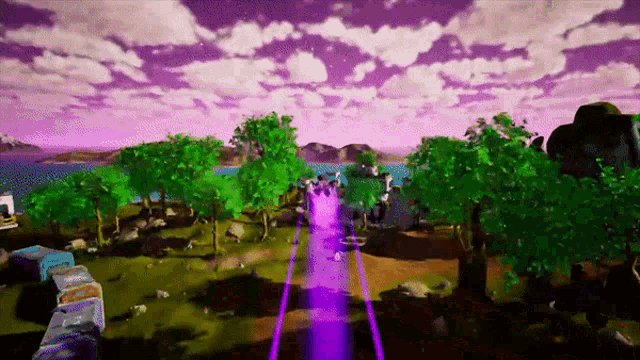 a purple light is shining through the trees in a game