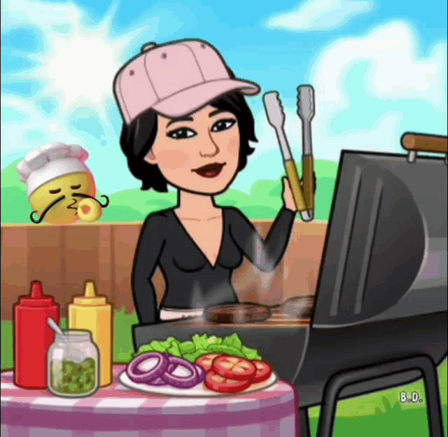 a cartoon of a woman cooking on a grill with b.d. written on the bottom