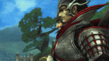 a man in armor with a red cape stands next to another man in armor
