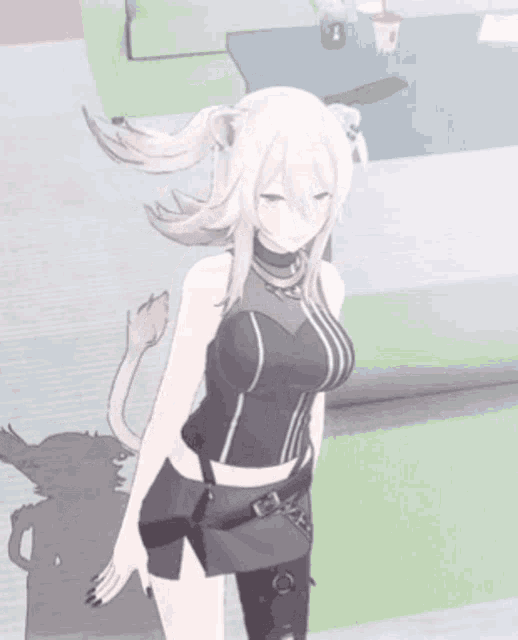 a girl in a black outfit has a belt around her waist that says ' sd ' on it
