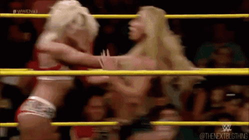 two women are wrestling in a wrestling ring with a crowd watching .