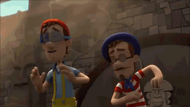 a couple of cartoon characters standing next to each other with their hands in the air .